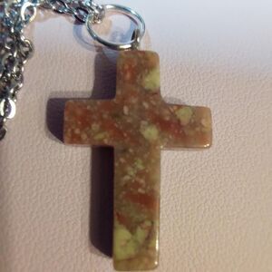 Unakite Crystal Stone Minimalist Cross Necklace 18" Stainless Chain